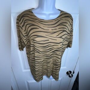 Anna Carole Women’s 16 Tan Animal Print 100% Silk Knit Short Sleeve Shirt Top XL